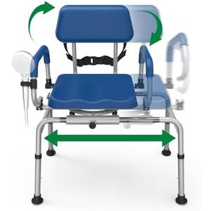 Loyoda FSA/HSA Eligible Sliding Shower Chair Tub Transfer Bench for Bathtub with Swivel Seat, Padded Shower Bench with Pivoting Arms, Height Adjustable Shower Seat, 350 lbs, Blue, Standard