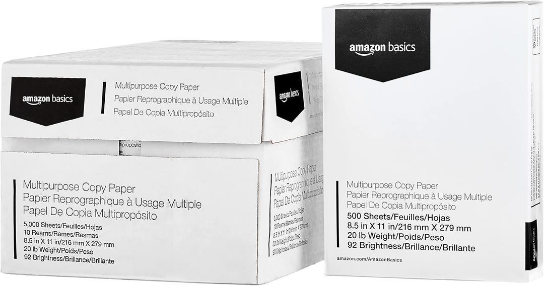 Amazon Basics Multipurpose Copy Printer Paper, 20 lb, 8.5 x 11 Inches, 10 Reams (5,000 Sheets), 92 Bright White