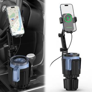 Wireless Car Charger Phone Mount Cup Holder, 3 in 1 15W Fast Charging Auto Clamping Cup Holder Expander for Car, Phone Holders for Your Car CupHolder Wireless Charger Compatible for All Smartphones