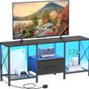 LED TV Stand with Fabric Drawer, Entertainment Center for 50 55 Inch TV, Industrial TV Console Table with Open Storage Shelves for Living Room, Bedroom, Black