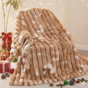 Throw Blanket for Couch - 108" x 90" Faux Rabbit Fur Throw Blanket Cozy Soft Warm Blankets for Bed Sofa Bedroom Living Room Fluffy Striped Blankets for Fall Winter, Home Decor, Brown
