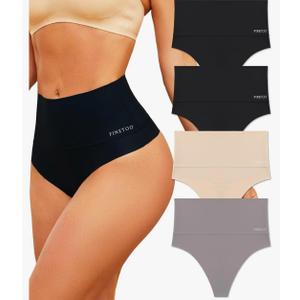 FINETOO Women Underwear High Waisted Thongs Tummy Control Seamless Thongs Shapewear No Show Panties, Pack of 4, XL
