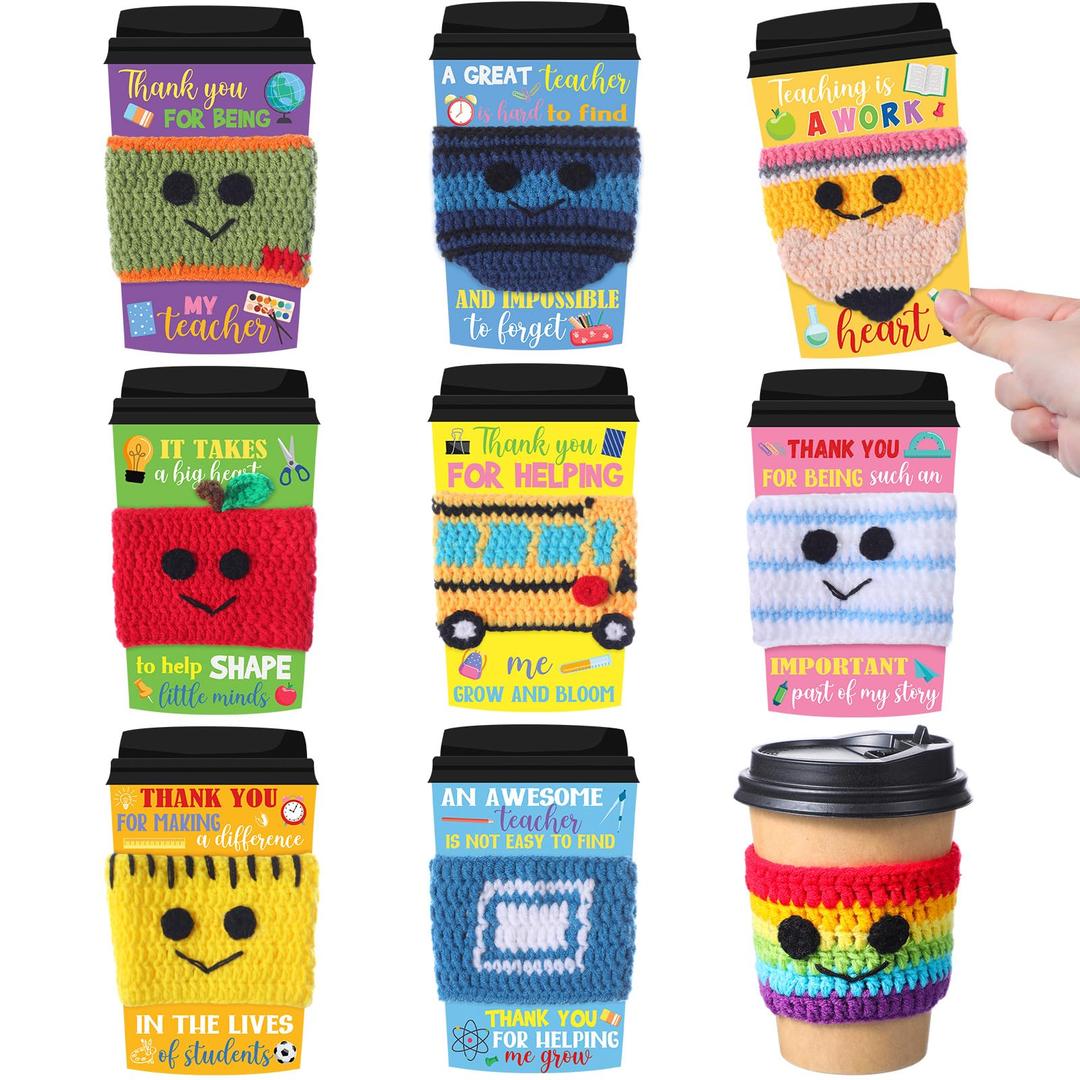 Potchen 9 Sets Teacher Appreciation Gifts Crochet Coffee Mug Cozy Teacher Gifts Bulk Cup Sleeves with Thank You Cards for School Office Back to School Graduation Party Favors(Appreciation)