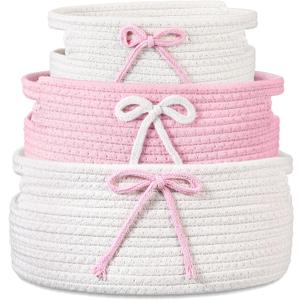 Breling 3 Pieces Pink Bow Baskets Coquette Bow Cotton Rope Storage Basket Pink Woven Gift Baskets Laundry Hamper Rope Bin with Handles for Decoration Organization Storage for Nursery, Pet Toy Basket