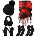 Geyoga 6 Pcs Winter Hat Scarf Gloves Set Knitted Touchscreen Gloves Plaid Scarf Earmuffs Socks Gift for Women Men (Black,Classic)