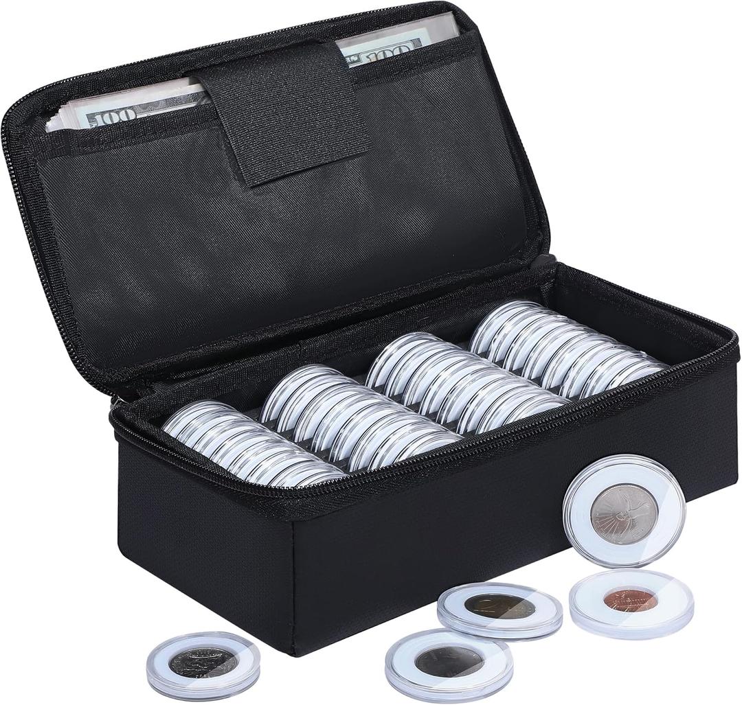 JUNDUN Fireproof Coin Storage Box, 36pcs Coin Holder Capsules with Foam Gasket & 100 Paper Currency Organizer Sleeves, 5 Sizes (40/35/30/25/20mm) Collecting Case for Collection Supplies