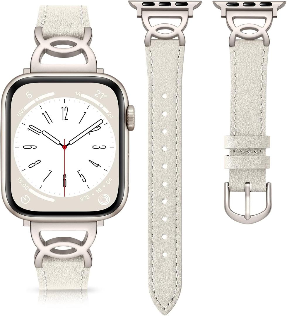 DaQin Slim Leather Band Compatible with Apple Watch Bands for Women 44mm/45mm/46mm/49mm/42mm, Top Grain Leather Band with DC-shaped Buckle for iWatch Band Series 3