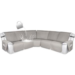 HDCAXKJ 100% Waterproof Reclining Sectional Couch Covers L Shape Recliner Sofa Cover Washable Quilted Soft Pet Dog Corner Recliner Slipcovers with Pockets (XL 5 Seat Recliner Couch, Light Gray)