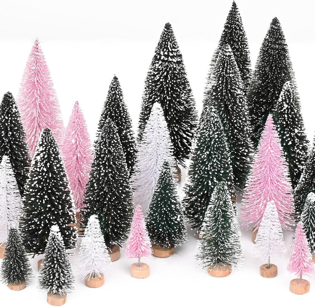 Waipfaru Pink Christmas Decorations, Mini Bottle Brush Christmas Trees, 21 Pcs Miniature Small Pine Trees for Xmas Tabletop Crafts Indoor Table Home Decor (Pink & White)