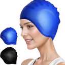 2 Pack Silicone Swim Cap with 3D Ear Protection, Waterproof Swimming Cap Bathing Cap Non-Slip Swim Hats for Men Women Adults Youths Kids for Long or Short Hair