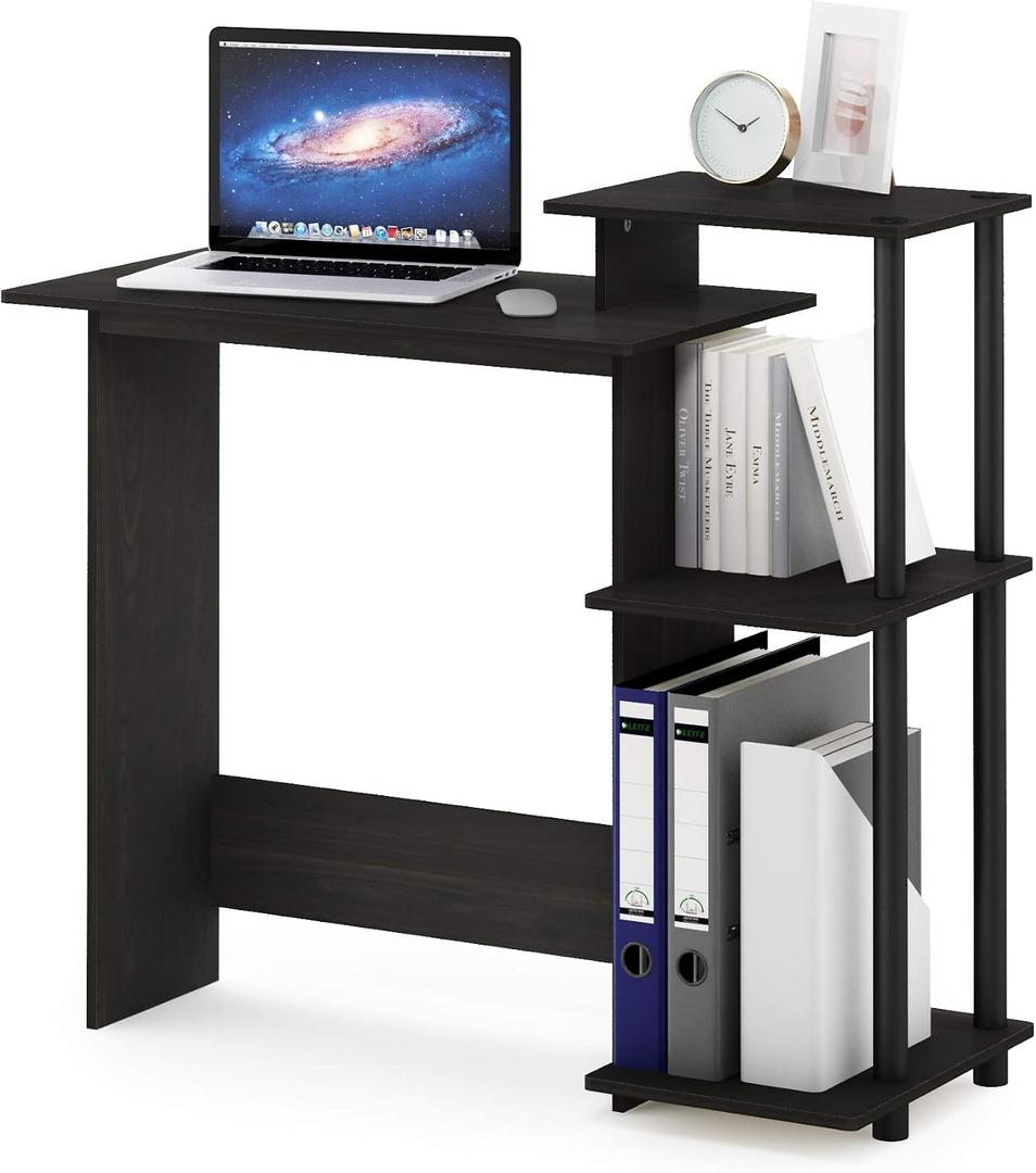 Furinno EFFICIENT Desk, 28.6" Wide Gaming Desk with 3 Open Side Shelves, Laptop Notebook Computer Desk, Office Desk for Home Office, Study Room, Dorm, Bedroom, Espresso, Square Side Shelves