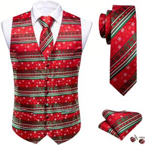 Barry.Wang Mens Red/Green Christmas Suit Vest Holiday Xmas Waistcoat Tie Set Party Tuxedo (Small)