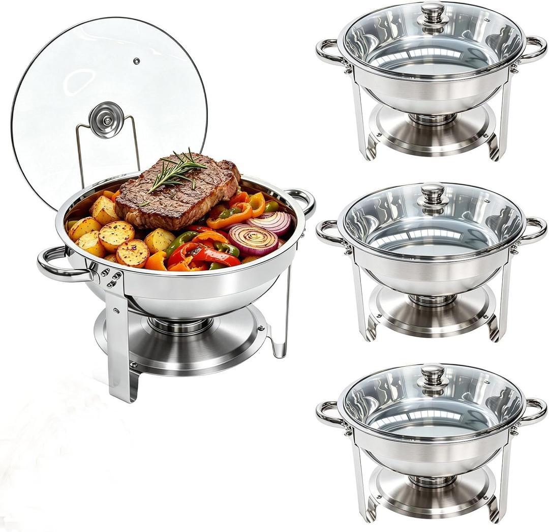 4-Pack 6QT Chafing Dishes for Buffet, 304 Stainless Steel Chafing Dish Buffet Set with Glass Lids & Lid Holders Food Warmers for Parties, Weddings, Birthdays & Catering,Silver