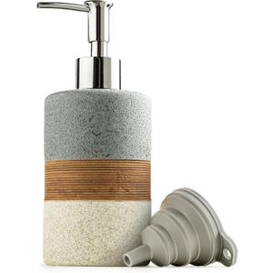 Ceramic Soap Dispenser Set for Hand Soap, Shampoo, Dish Soap, Conditioner, Bathroom & Kitchen, Stainless Steel Pump, Includes Silicone Funnel, 12 Oz, Non-Slip, Elegant Kitchen Decor, Gray