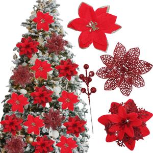 Asano Season 48 Pcs Fake Poinsettia Glitter Flowers and Berry Stems Artificial Red Christmas Flower with Clips Decoration for Xmas Tree Ornaments Party Wreath Decor (Red)