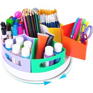 Art Supply Organizer, Extra Large 360 Pencil Caddy with 7 Removable Compartments for Kids, Rainbow Stationary Marker Organizer for Home, School, and Classroom (Colorful)