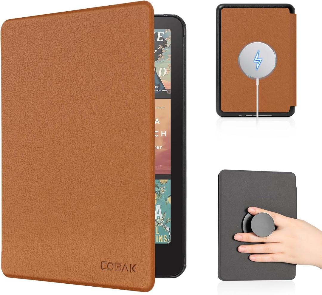 CoBak Case with Fold-Back Magnetic Cover for 7" Kindle Paperwhite 12th Gen 2024 and Kindle Colorsoft - for PopSockets Grip, Compatible with iPhone MagSafe and Anker Wireless Charging Pads, Auto Wake (Brown)