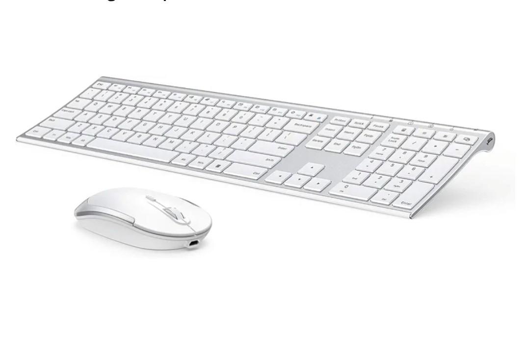 Wireless Keyboard and Mouse, Vssoplor 2.4GHz Rechargeable Compact Quiet Full-Size Keyboard and Mouse Combo with Nano USB Receiver for Windows, Laptop, PC, Notebook-White Silver