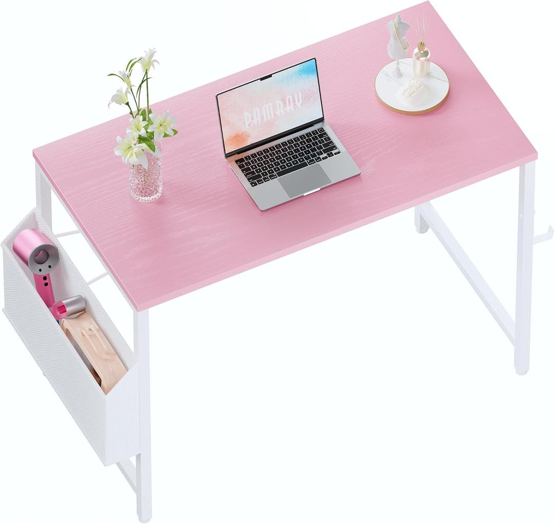 Pamray 32 Inch Computer Desk for Small Spaces with Storage Bag, Home Office Work Desk with Headphone Hook, Small Office Desk Study Writing Table (Pink)