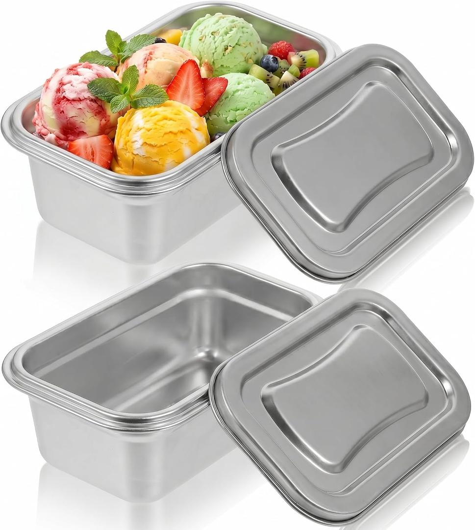 2Pcs Stainless Steel Ice Cream Containers, 32 oz Reusable Homemade Ice Cream Tubs Freezer Storage Containers with Lids, 1 Quart Small Sorbet & Gelato Keeper for Kitchen Use, Fruit, Freezer