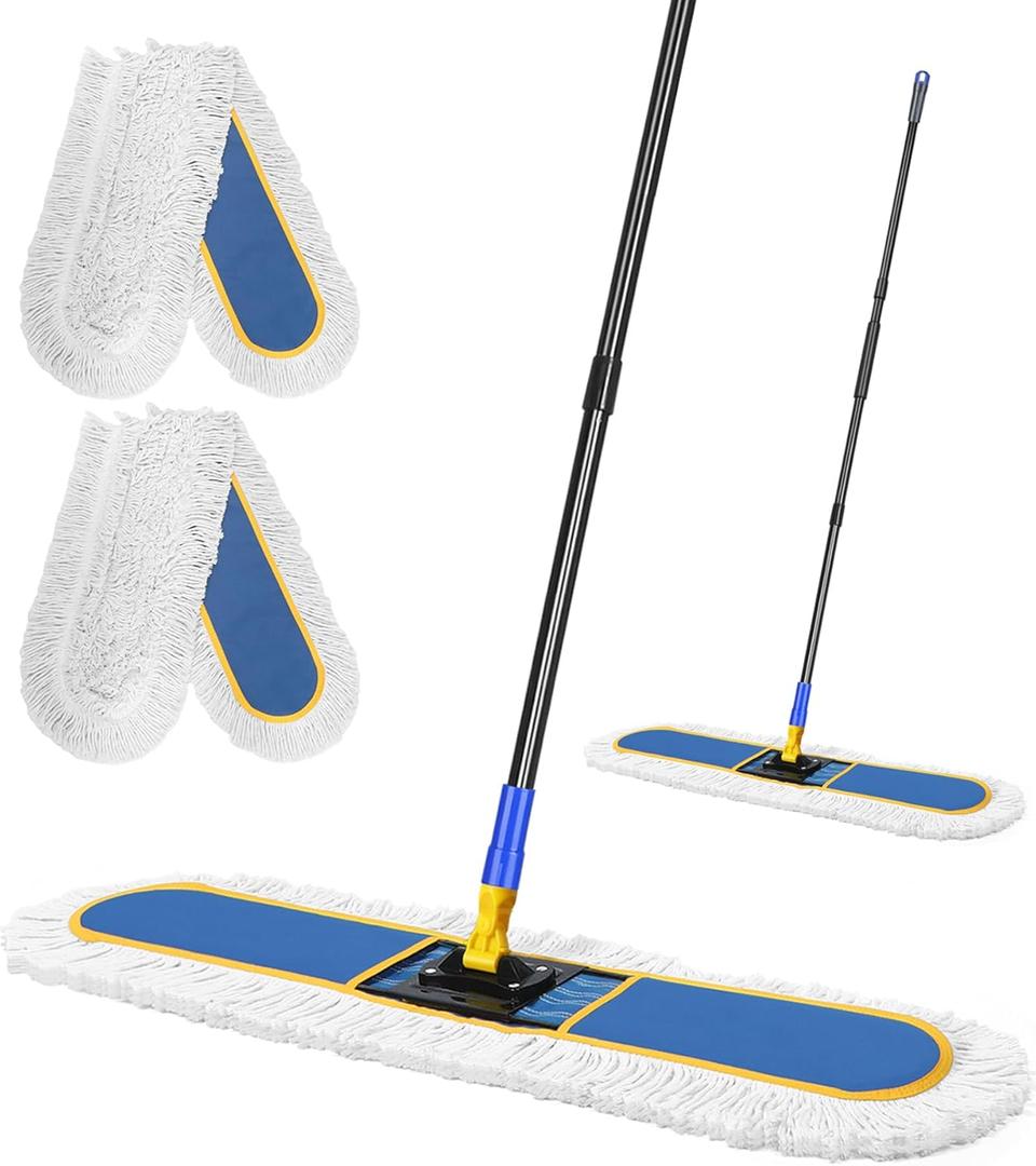CLDREAM 24" Commercial Dust Mop for Floor Cleaning with 2 Mop Head, Large Industrial Push Broom Mops with 60" Long Handle,Wet Dry Floor Duster for Concrete Hardwood Tiles Marble Floors
