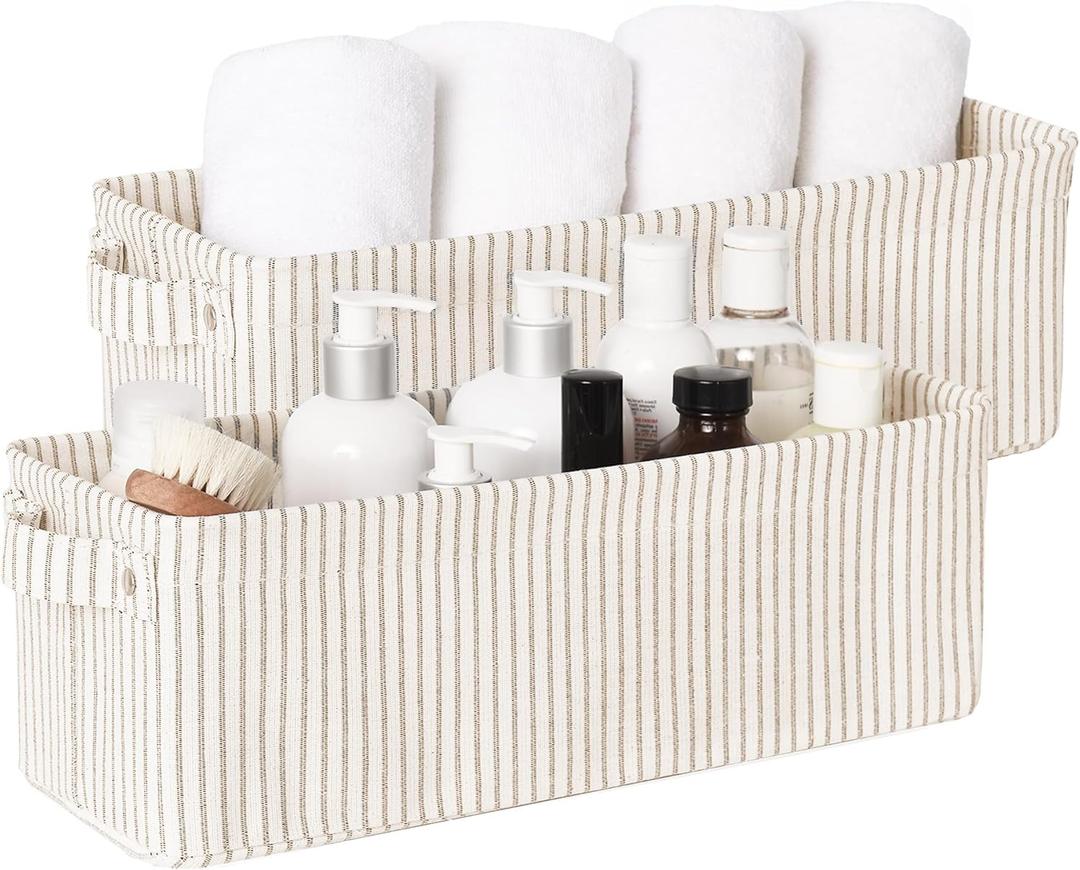 StorageWorks Narrow Storage Bins, Small Basket for Closet and Shelves, Fabric Organizer with Handles, Toilet Paper Storage, Khaki and Beige Stripes, 2-Pack (15"L x 6"W x 5"H)