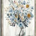 Flower Bouquet Wooden Wall Art: Gray Blue Floral Bouquet in Jar Painting with Gold Foil Artwork Framed for Bedroom (24W x 36H, Multi-Sized)