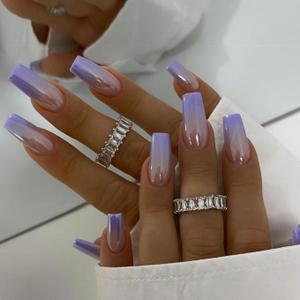 MERVF Coffin Press on Nails Long Fake Nails Press ons Purple Ombre French Tip Glue on Nails with Chrome Design Electroplate Ballerina Acrylic False Nails Glossy 24pcs (02A63Nude) MERVF Coffin Press on Nails Long Fake Nails Press ons Purple Ombre French Tip Glue on Nails with Chrome Design Electroplate Ballerina Acrylic False Nails Glossy 24pcs (02A63Nude)
