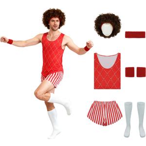 Mens Richard Simmons Costume 80s Fitness Instructor Workout Outfit Womens Afro Wig Halloween Party Dress Up Sets 2XL