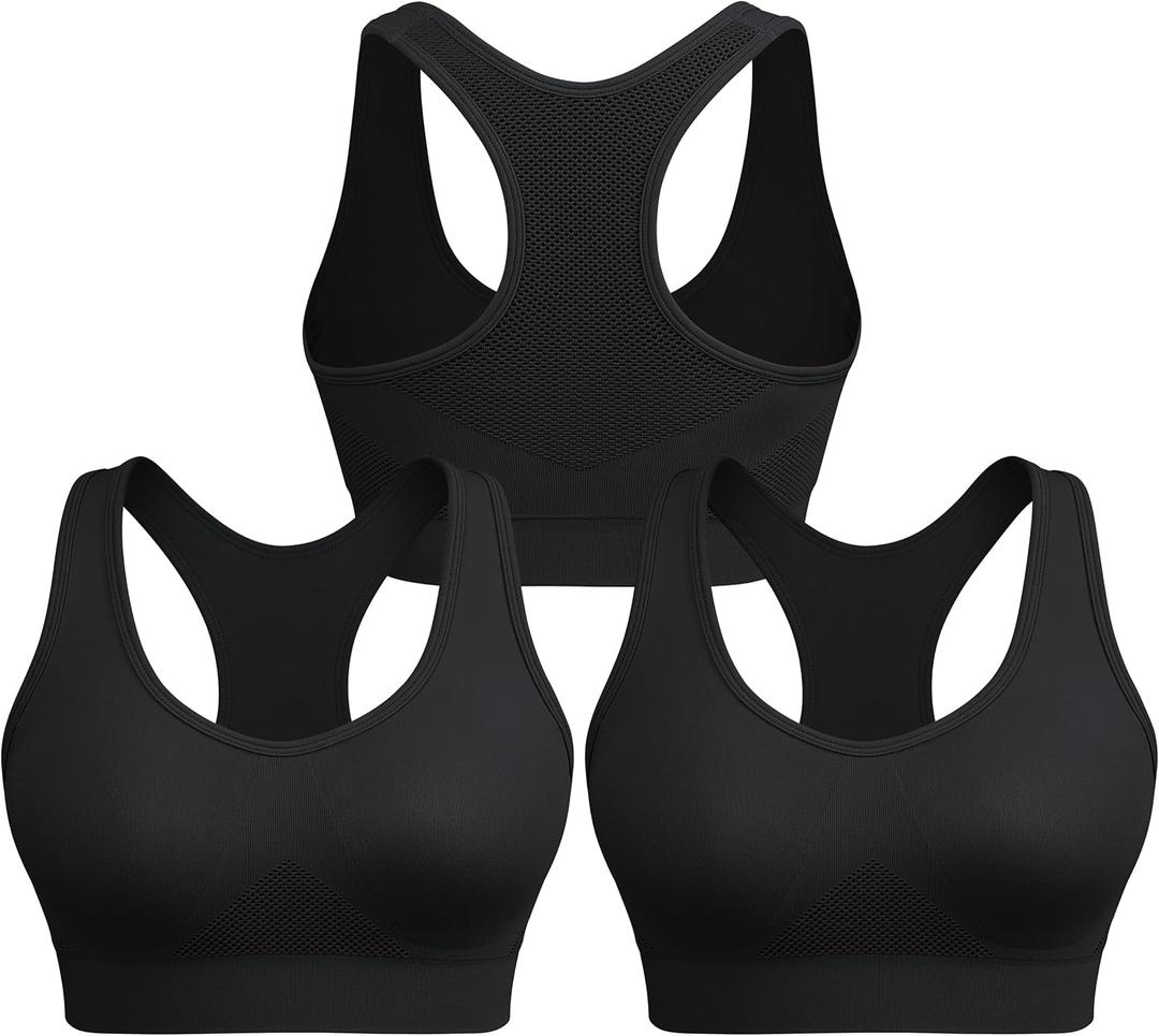 Racerback Sports Bras for Women Comfortable Wirefree Sleep Bras Breathable Mesh Padded Low Impact Workout Bra (Black, L)
