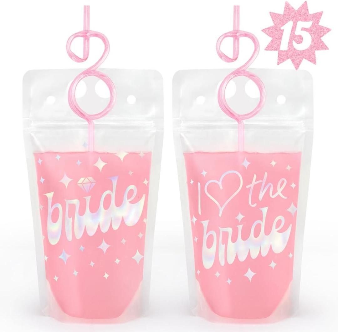 xo, Fetti Bachelorette Party Decorations Bride Foil Drink Pouches - 15 ct | Bach Party Drinkware, Cute Bridal Shower Cups, Bridesmaid Favor, Engagement Party Supplies