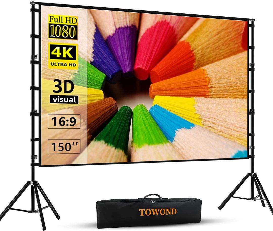 TOWOND Projector Screen and Stand, 150 inch Indoor Outdoor Projection Screen, Portable 16:9 4K HD Rear Front Movie Screen with Carry Bag Wrinkle-Free Design for Home Theater Backyard Cinema