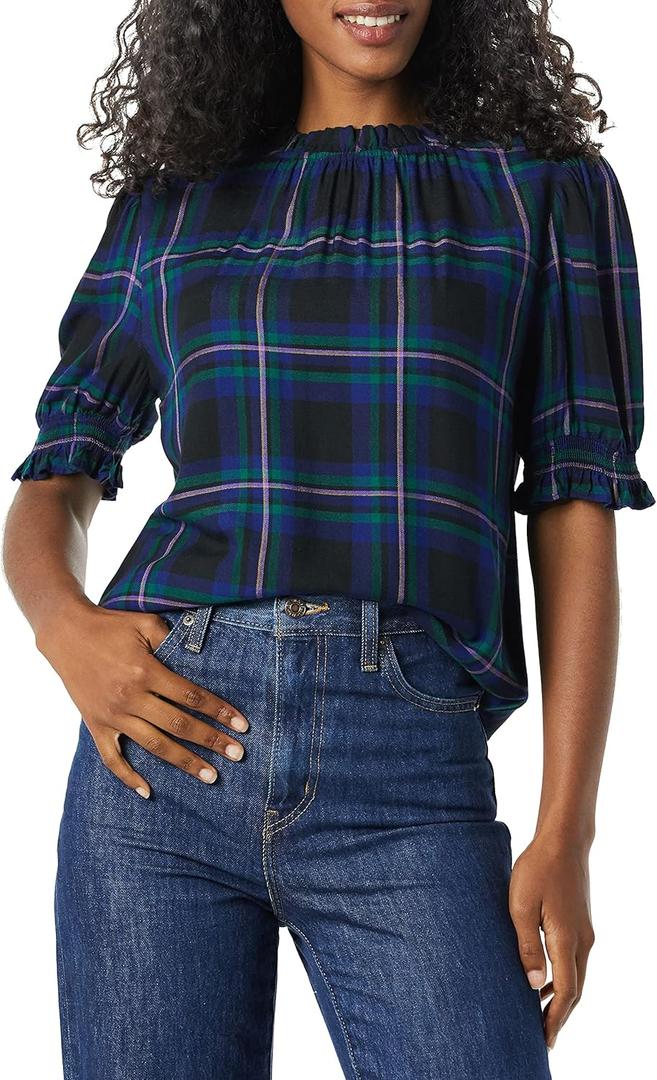 Amazon Essentials Women's Fluid Twill Short Puff Sleeve Ruffle Smocked Shirt XS