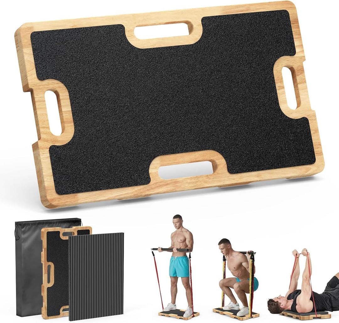 Wooden Fitness Board - Resistance Band Workout Footplate with Foam Pad & Storage Bag - Wood Exercise Step Platform with Non-Slip Surface for Home Body Gym, Strength Training