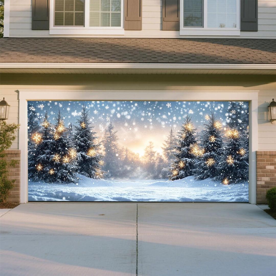 7x16ft White Pine Forest Snowflakes Christmas Tree Garage Door Banner Merry Christmas Garage Door Cover Winter Wonderland Background for Indoor Outdoor New Year Holiday Portrait Decoration (16X7)