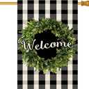 Baccessor Boxwood Wreath Welcome House Flag Vertical Double Sided, Buffalo Check Plaid Rustic Farmhouse Burlap Garden Yard House Flag Outdoor Decoration 28 x 40 Inch (Black White Plaid)