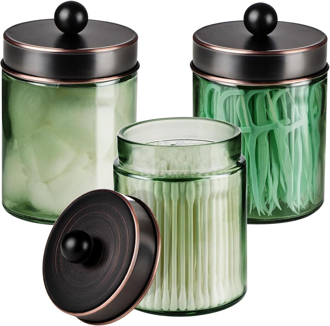 3 Pack Apothecary Jar Canisters Bathroom Vanity Organizer - Qtip Holder Storage Organizer Set Countertop Canister with Stainless Steel Lids &Cute Stickers for Qtips,Cotton Swabs,Makeup Sponges,Floss (Jar Sage Green/Lid Oil Rubbed Bronze)