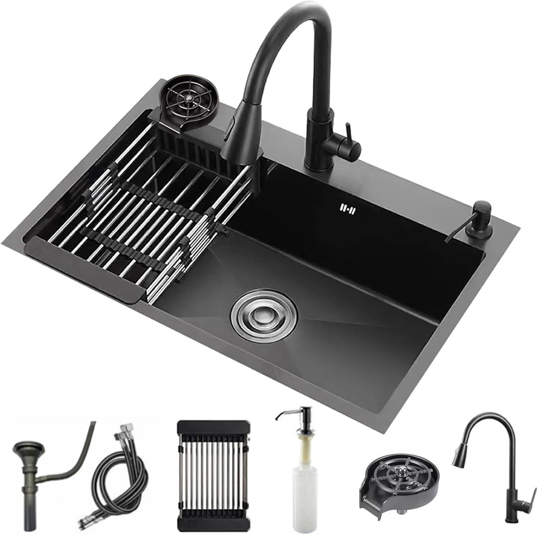 Black Kitchen Sink with Faucet, Top Mount/Drop-In 3 Hole Single Bowl Stainless Steel Sink with Cup Washer, Soap Dispenser, Drainage kit for Bar, Kitchen, Balcony (31.5 * 17.7in)