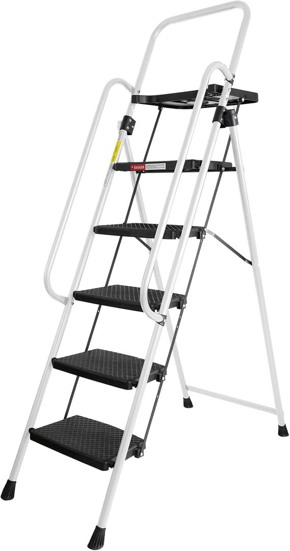 5 Step Ladder, Folding Step Stool with Handle,Tool Platform and Anti-Slip Pedal, Steel Ladder,Lightweight, Perfect for Home and Kitchen, White