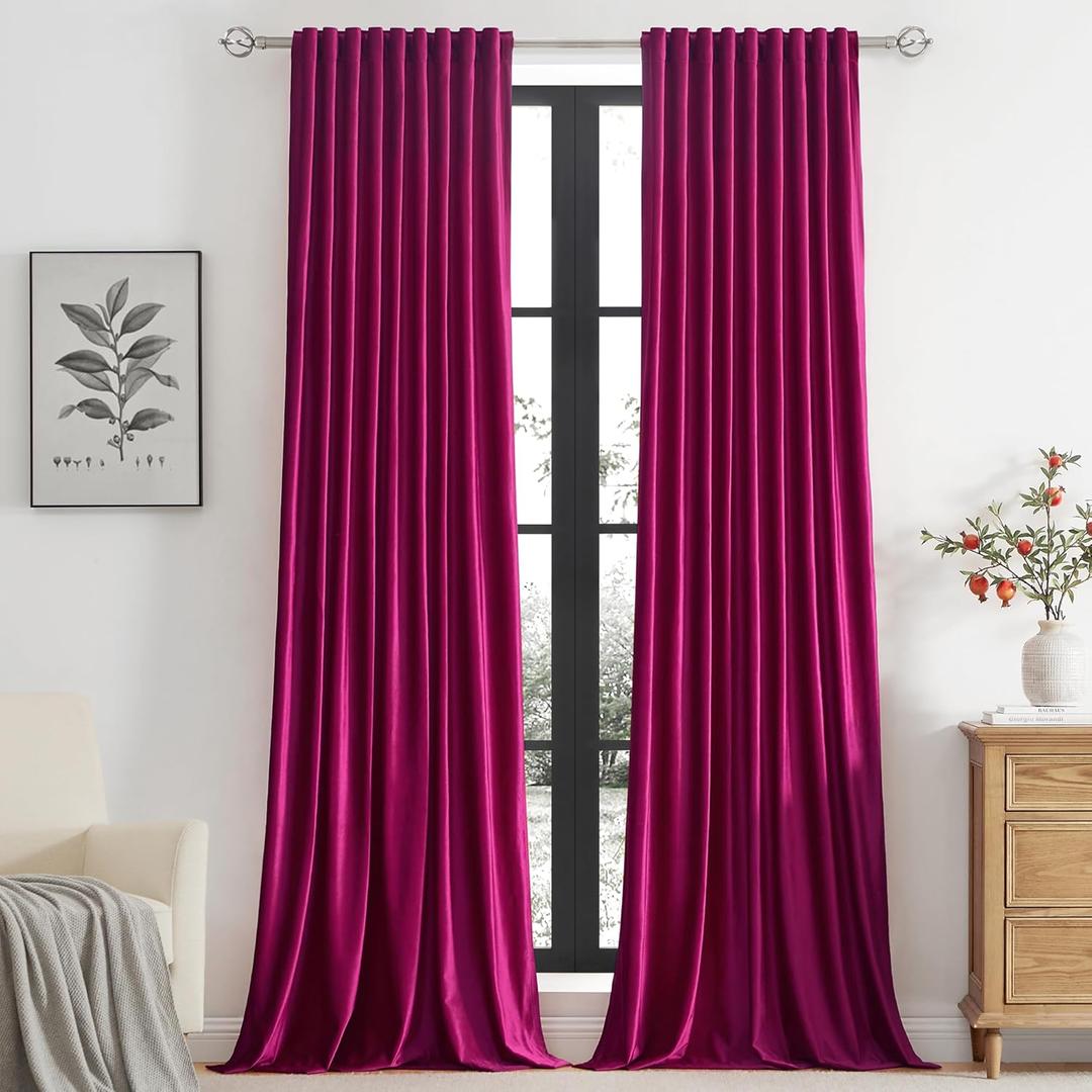 PRIMROSE Hot Pink Velvet Curtains 90 inch Long for Living Room,Set of 2 Panels Blackout Rod Pocket Back Tab Window Treatment Room Darkening Heavy Decorative Curtains Drapes for Bedroom