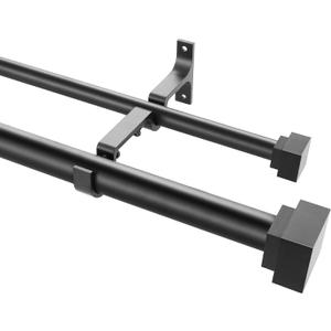 1 Inch Modern Double Window Curtain Rods,72-144 Inch Adjustable Telescoping Heavy Duty Stylish Drapery Rods Decorative Solid Square Allufer Finials for Dual Curtain Rod Window Treatment,Matte Black