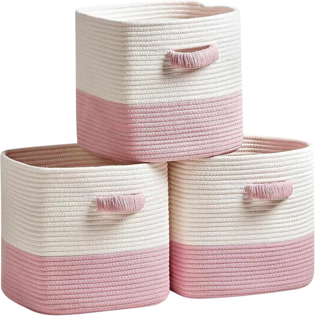 Storage Cube Baskets for Organizing 11 inch-3 Pack- Square Baskets for Cube Storage, Closet Storage Bins - Woven Cube Storage Bins for Shelves- Cube Drawer- Ideal for Toy Storage White & Pink (White & Pink)