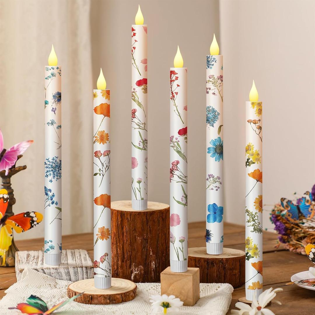 Nuanchu 6 Pcs Flower Flameless Candles 10. 6 '' LED Pressed Floral Pastel Taper Candle Battery Operated Flameless Taper Candlestick Dried Flower Candlestick for Home Wedding Summer Garden Party Decor