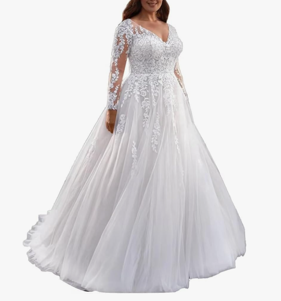 Elegant A Line Plus Size Wedding Dress for Women with Lace Applique Tulle Bridal Gown, US 10
