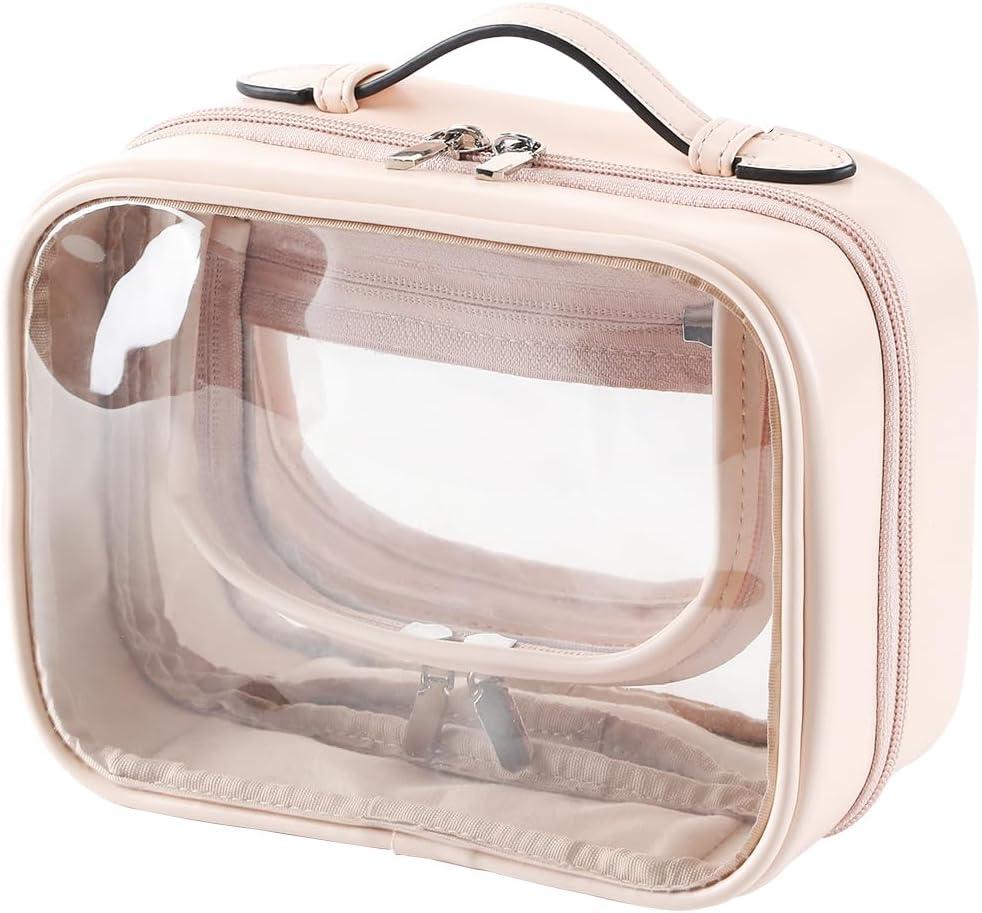 Veki TSA Approved Toiletry Bag Transparent Makeup bag Double Travel Cosmetic bags Case Waterproof Toiletries Bag Large Capacity Open Storage bag Organizer for Women and Girls (Small Pink)