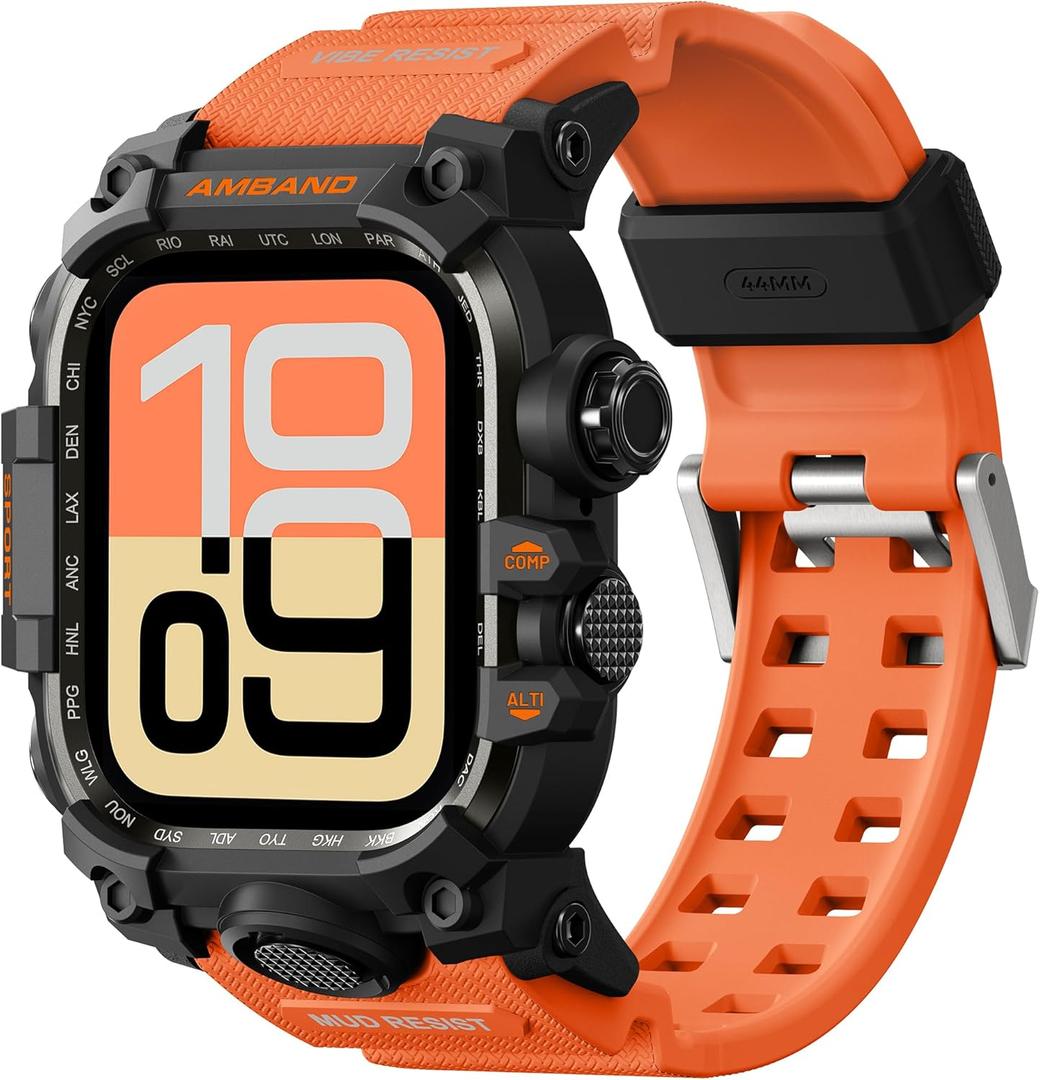 amBand Rugged Case with Band for Apple Watch 44mm, Compatible with iWatch Series SE 3/SE 2nd Generation/SE/6/5/4, Military Grade Shockproof Bumper Cover, Tactical Band for Men, Orange
