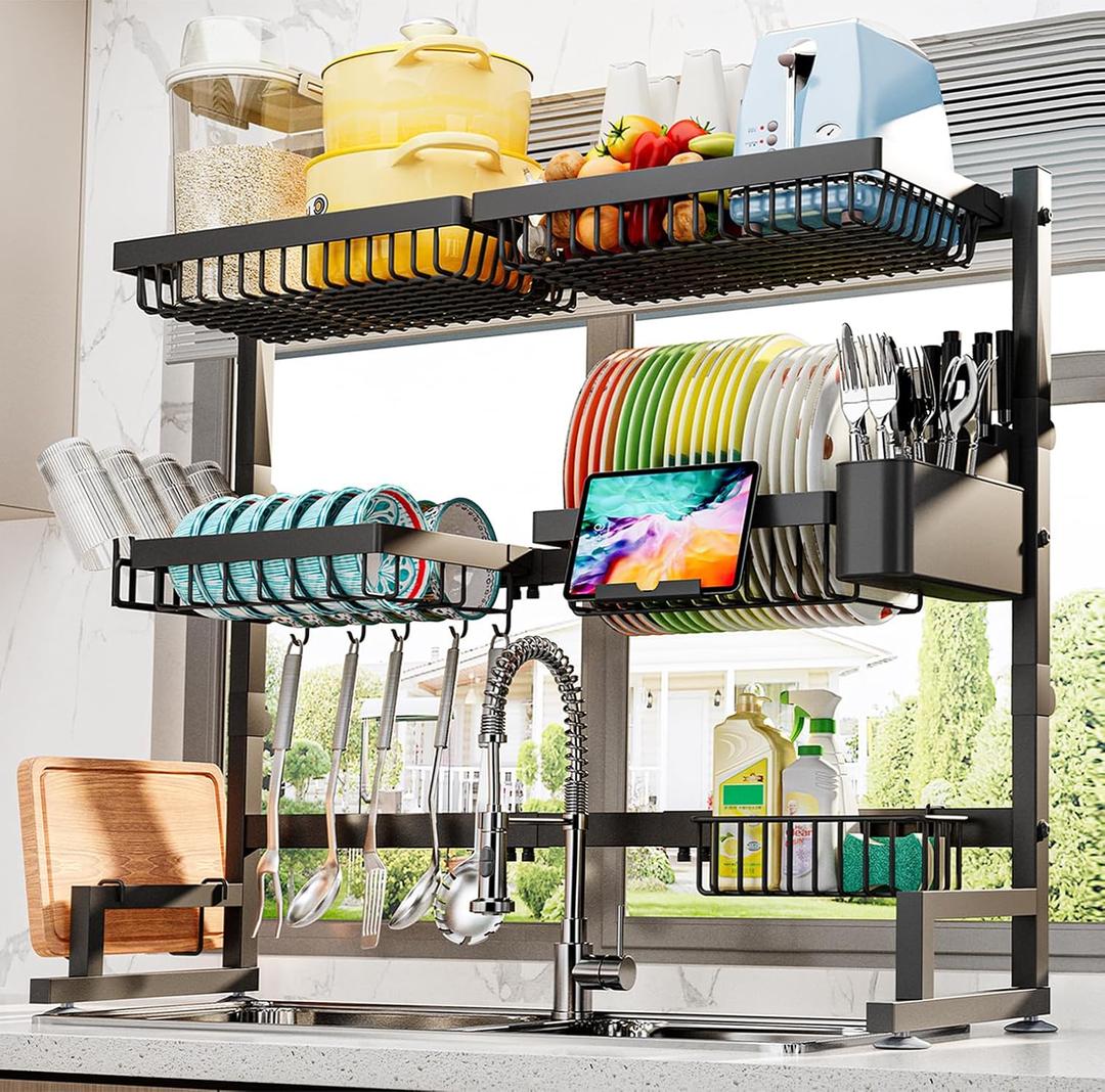 ADBIU Over The Sink Dish Drying Rack (Expandable Height and Length) Snap-On Design 2 Tier Large Dish Rack (27-36L x 12W x 32.5-37H (inches)) (Black)