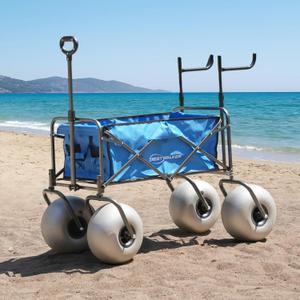 Beach Cart with 13" Balloon Wheels, Collapsible Wagon with Big Wheels for Sand, Adjustable Chair Racks Holds Up to 4 Folding Chairs, Pump Included