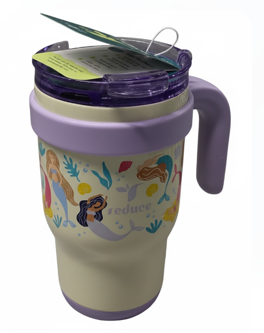 REDUCE 14 Oz Coldee Kids Tumbler with Lid and Straw - Coldee Insulated Travel Mug - Spill-Proof, Sweatproof Stainless Steel, BPA-Free - Includes Handle, Reusable Silicone Straw - Pink Mermaid