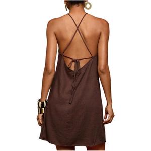 RoseSeek Women's Boho Tropical Tie Backless Halter Dresses Sleeveless Vacation Beach Short Dress (Brown), S